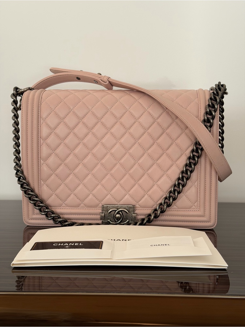 Chanel Large Boy Bag Pink Quilted Lambskin- Authenticity Card, Box and Dust Bag